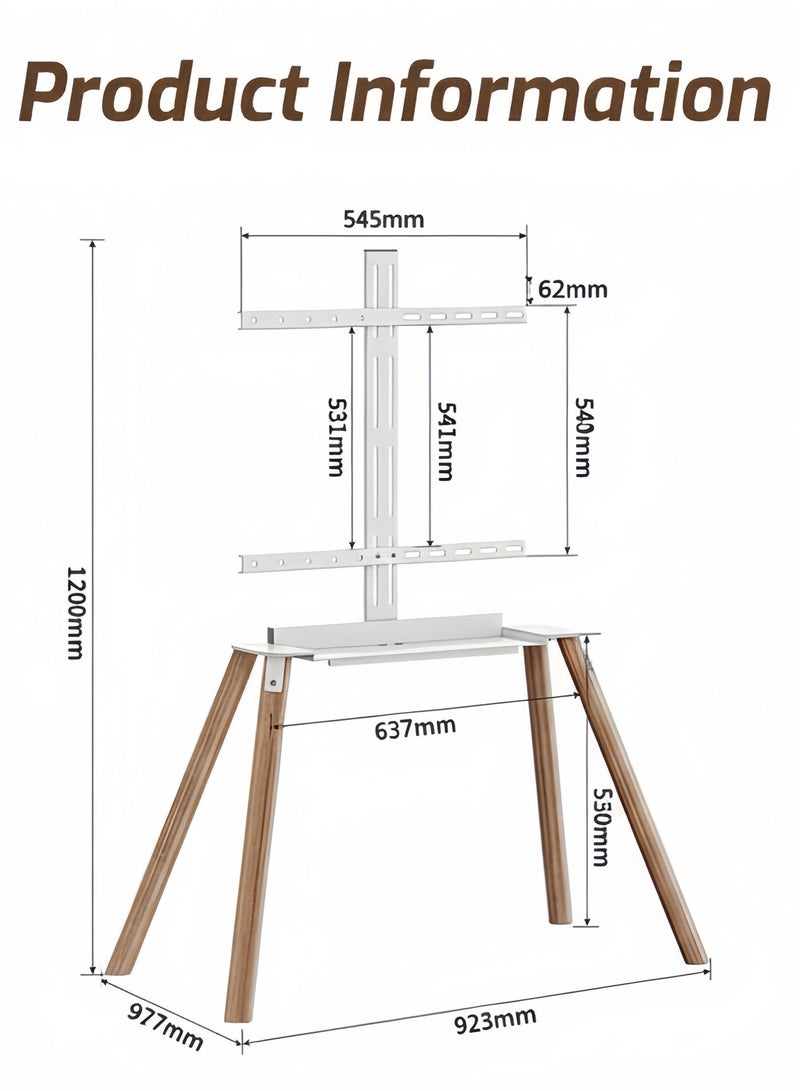 FlashHawk Wooden Floor TV Stand for 32-70 Inch TVs, Modern TV Screen Mount with Solid Beech Wood Legs & Storage Shelf, VESA up to 400x400mm, 40KG Weight Capacity - White - Image 2